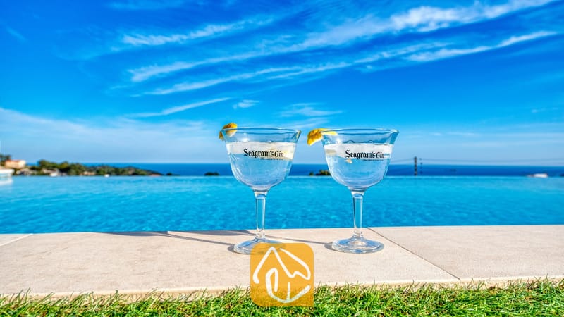 Twee gin-cocktails met citroengarnituur aan de rand van het overloopzwembad van Villa Chanel, met uitzicht op de blauwe zee en de lucht.